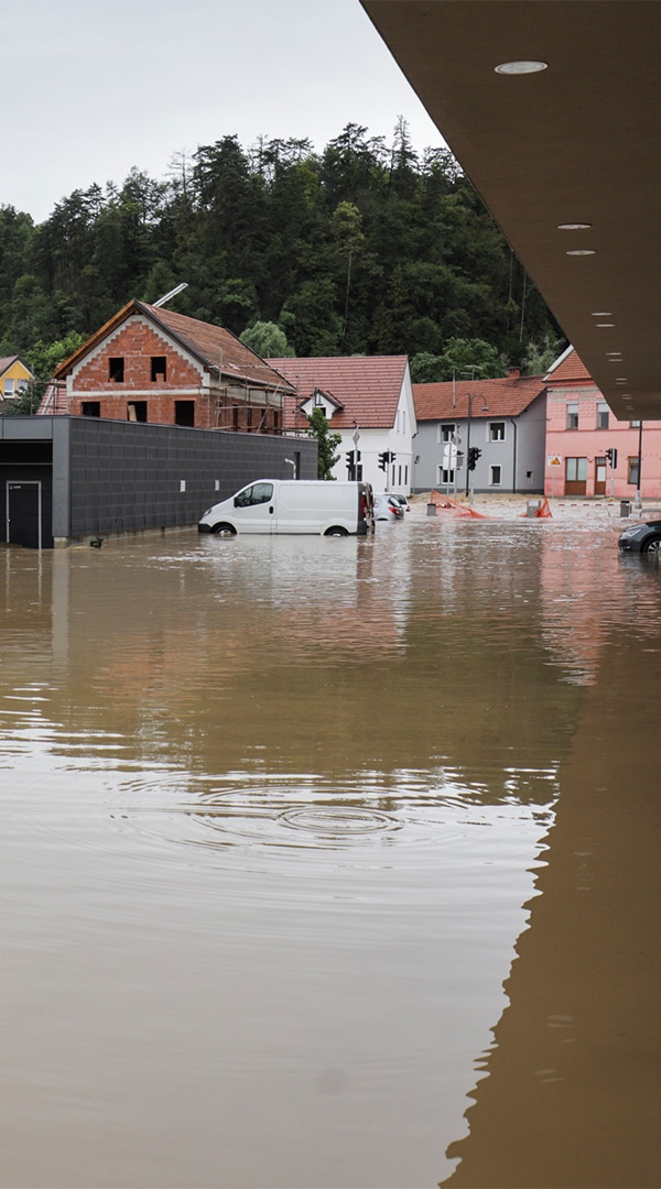 Residential properties damaged by flood water