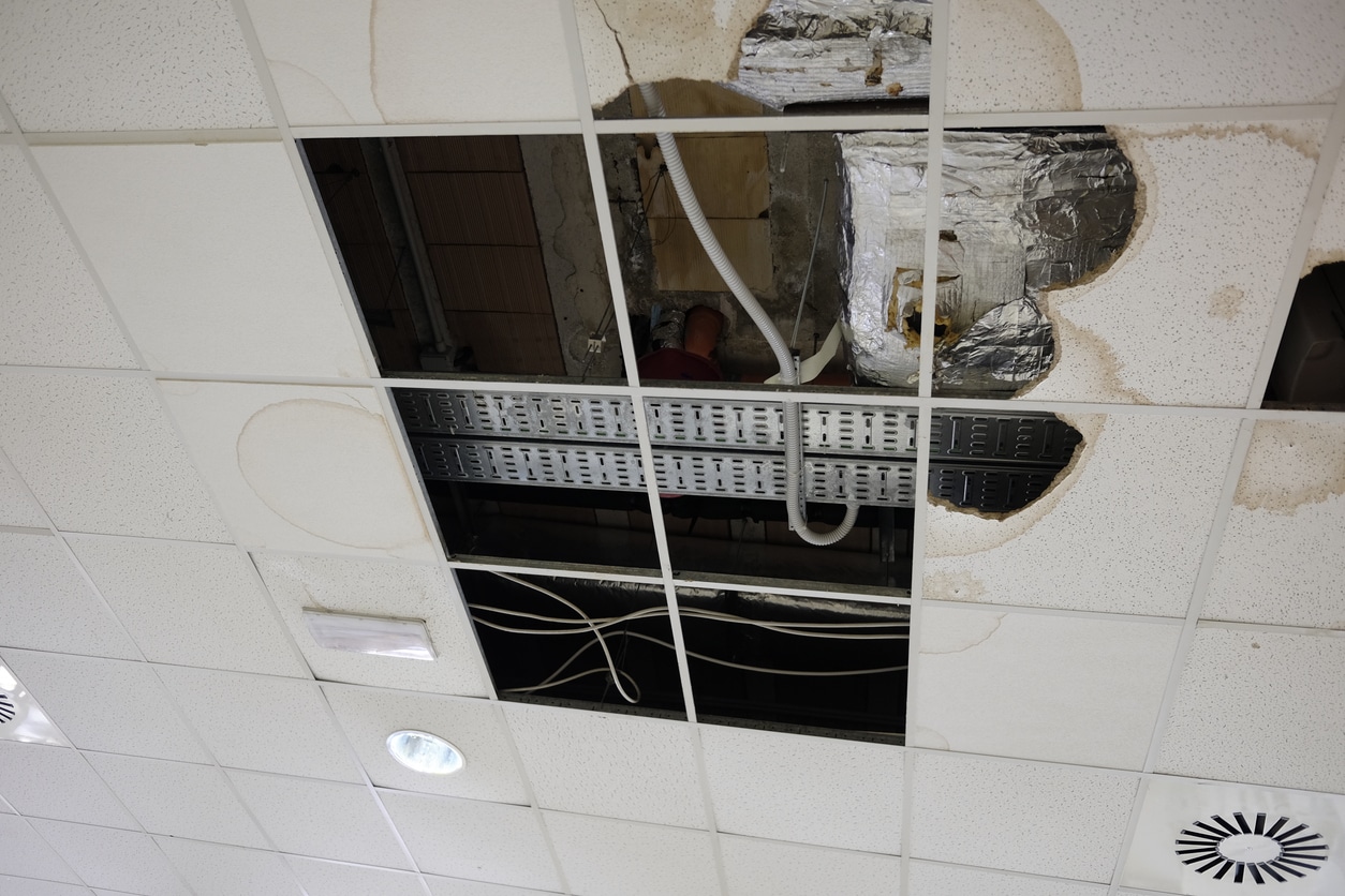 Image of a water-damaged drop ceiling in a commercial facility, with some of the tiles removed.