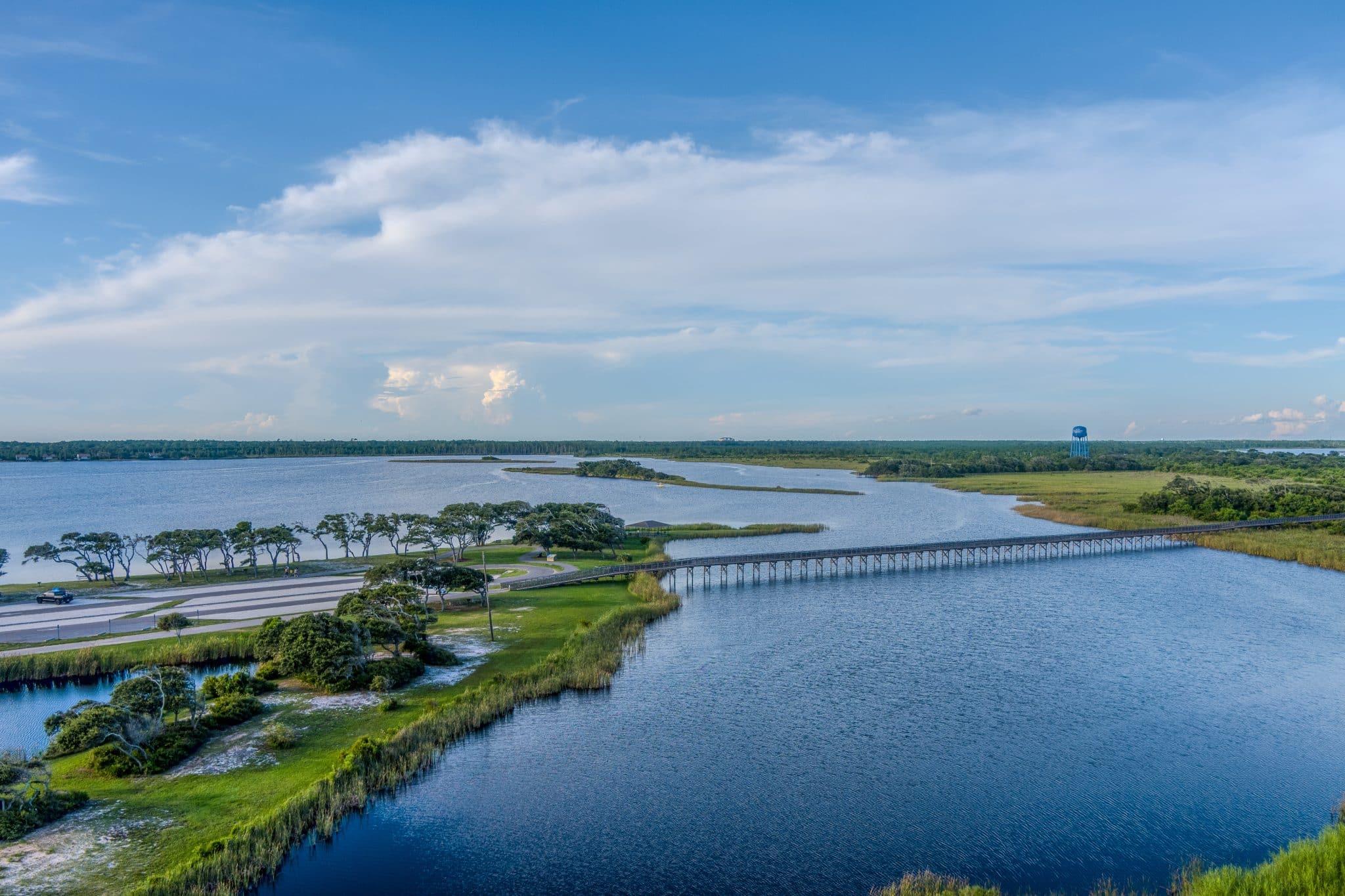 Aerial photo of a bridge over the water in Gulf Shores.
